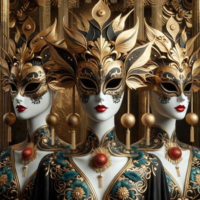 The primary subject of the image is a group of three mannequins wearing gold and black masks. They are positioned in front of a gold and black background, which adds to the overall visual style of the image. The mannequins are dressed in ornate gold and black outfits, and their masks give them a mysterious and intriguing appearance. The colors and mood of the image are predominantly gold and black, creating a luxurious and dramatic atmosphere.